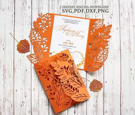 Fall wedding invitation template svg, autumn dry leaves thanksgiving invite card for Cricut, Laser Cut, Cameo svg dxf ai cdr Thanksgiving Invite, Cricut Wedding Invitations, Wildflower Wedding Invitations, Dry Leaves, Invite Card, Thanksgiving Invitation, Wedding Invitation Card Design, Fall Wedding Invitations, Invitation Wedding