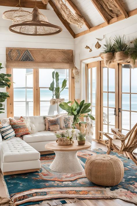 Coastal Boho Style: Mixing Comfort and Style in Your Beach House Decor Colorful Beach Living Room, Boho Coastal Living Rooms, Patterned Rugs, Beach Living Room, Boho Twists, Colorful Throw Pillows, Coastal Living Rooms, Coastal Boho, Ocean Sounds