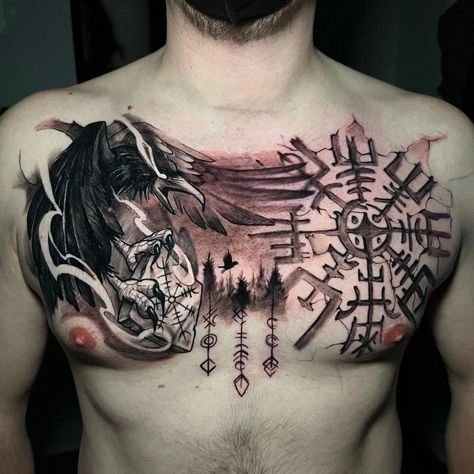 Nordic Chest Tattoo, Viking Chest Tattoo, Tattoo Odin, Nordic Tattoos, Time Piece Tattoo, Beautiful Spine Tattoos, Viking Warrior Tattoos, Scandinavian Tattoo, Ying Yang Tattoo