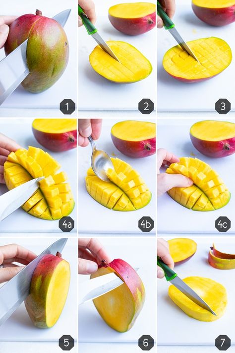 Learn How to Cut a Mango and peel its skin to either eat for a snack or use in your favorite healthy recipes.  A few tips and tricks will also show you how to pick a mango, tell when it's ripe, and store it for later. #howto #mango #knifeskills #cutmango #fruit Mango Food Recipes, Fruit Food Recipes, Mango Presentation, Mango Ideas Healthy, How To Cut Fruit For A Platter, How To Cut Fruit Into Shapes, What To Do With Mangos, How To Pick The Best Fruit, Cut Fruit Ideas