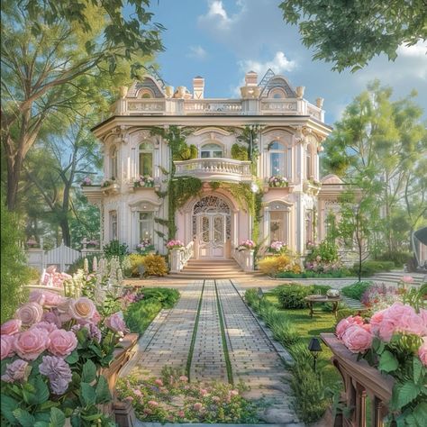 Ethereal House Exterior, Character Flower House Vibe, Coquette Mansion, Mini Castle House, Fairy Mansion, Mansion Exterior, Fairytale House, Castle Aesthetic, Fantasy Rooms