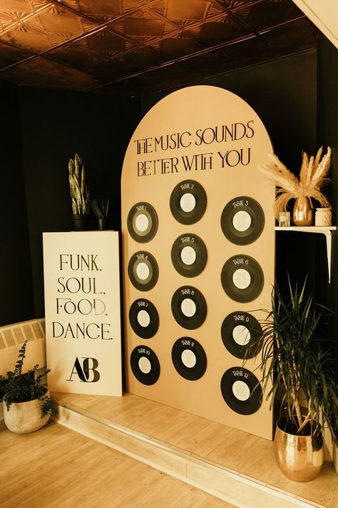 The record themed seating chart—a vinyl enthusiast's dream—guiding guests to their tables not just by seat number but by the tune of unique records. Vinyl Record Table Decor, Wedding Decor November, Seating Chart Records, Vinyl Party Ideas, Music Themed Backdrop, Records Wedding Decor, Vinyl Party Decorations, Rocker Wedding Theme, Vinyl Record Seating Chart Wedding