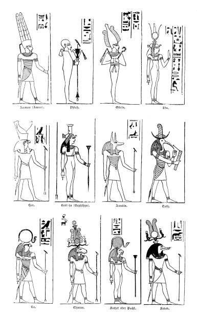 Ancient Egyptian gods and goddesses. Illustration for Weltgeschichte Fur Das Volk by Otto von Corvin and Wilhelm Held (Verlag und Druck von Otto Spamer, c.1880). Left to right: Amun, Ptah, Osiris, Isis, Horus, Nephthys, Anubis, Thoth, Ra, Khnum,... Egyptian Gods And Goddesses, Egyptian Tattoos, Egypt Museum, Egyptian Hieroglyphs, Egypt Tattoo, Ancient Egyptian Gods, Ancient Egypt Art, Egyptian Tattoo, Photography Themes