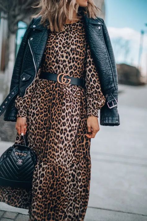 How to wear a maxi dress in the Fall Leopard Maxi Dress Outfit, Leopard Dress Outfit Winter, Animal Print Dress Outfit, Leopard Dress Outfit, Leopard Dresses, Leopard Maxi Dress, Leopard Print Outfits, Cella Jane, Leather Jacket Dress