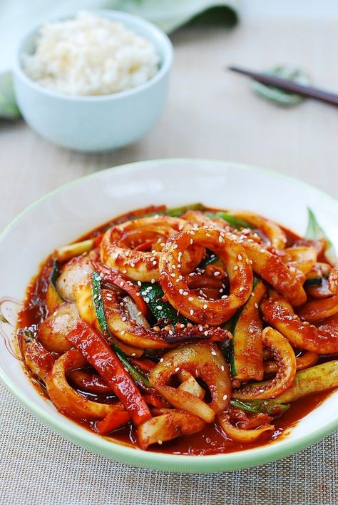 Spicy Squid Recipes, Spicy Squid Korean, Korean Spicy Squid Recipe, Korean Octopus Recipes, Korean Seafood Recipes, Squid Recipes Asian, Squid Recipes Easy, Korean Squid Recipe, Ojingeo Bokkeum