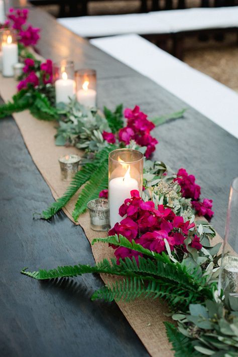 Music Party Centerpieces, Bougainvillea Wedding, Magenta Wedding, Flowers And Candles, Fuchsia Wedding, Tafel Decor, Boda Mexicana, Table Runners Wedding, Wedding Palette