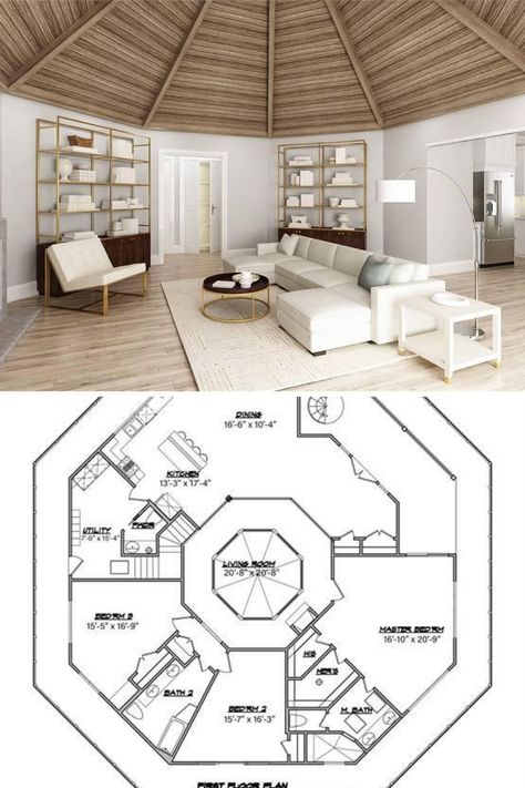 Octagon Living Room Interior Design, Round Houses Interior, Octagon Floor Plan, Circular Homes House Plans, Octagon House Interior, Rondavel Interior Design, Octagon Bedroom Layout, Octagonal Living Room, Boho House Floor Plans