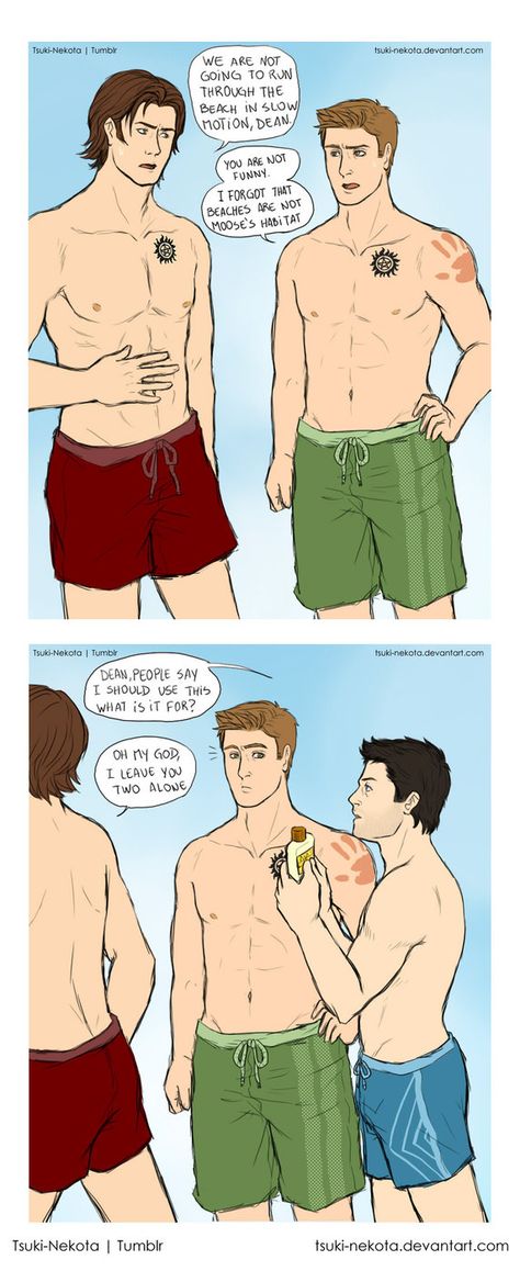 TFW at the beach by Vivalski Sam Dean And Cas, Destiel Fanfiction, Castiel Fanart, Supernatural Ships, Destiel Fanart, Supernatural Comic, Castiel Supernatural, Dean And Cas, Supernatural Fan Art