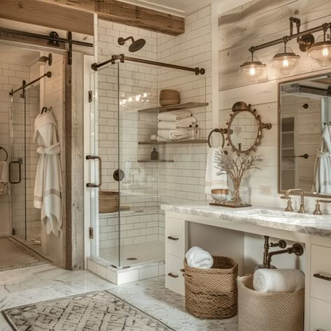 Large Bathroom Inspiration, House Design Master Bath, Small Modern Country Bathroom, Farmhouse Bathroom White Cabinets, Fancy Farmhouse Bathroom, Modern Cottage Style Bathroom, Bathroom Farmhouse Decor Ideas, Country House Bathroom Farmhouse Style, Big Bathroom Design Ideas