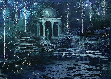 "The Midnight Garden" by Angie Latham | Redbubble (wall decorate) Chalice Well, Moon Kingdom, Night Illustration, Silver Linings, Hogwarts Castle, Midnight Garden, Sky Wallpaper, Anime Backgrounds, Setting Ideas