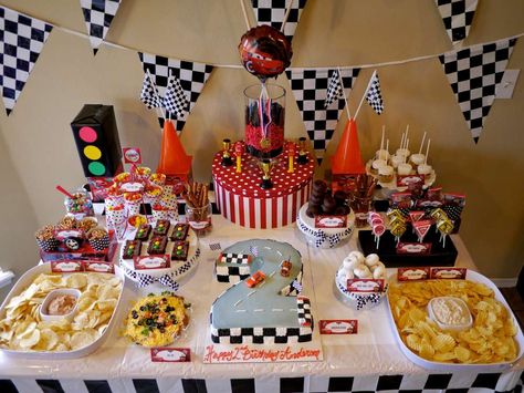 Disney Cars 2nd Birthday Party! | CatchMyParty.com Disney Cars Birthday Party Ideas, برق بنزين, Cars Birthday Party Ideas, Disney Cars Birthday Party, Auto Party, Cars Birthday Party Decorations, Cars Birthday Party, Disney Cars Party, Birthday Party Snacks