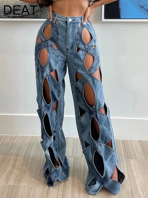 DEAT Trendy New Items Women's Hollow Out Elastic Straight Jeans 2024 Spring Fashion High Waist Retro Inspired Fashion, Fashion Trousers, Clothes Streetwear, Denim Decor, Streetwear Jeans, Trendy Streetwear, Chic Blouses, Y2k Clothes, Trousers Pants