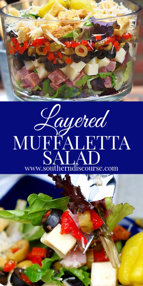 Muffaletta Salad Recipe, Muffaletta Salad, Muffuletta Salad, Crescent Roll Ring, Muffaletta Recipe, Salad With Homemade Dressing, Muffaletta Sandwich, Southern Discourse, Seven Layer Salad