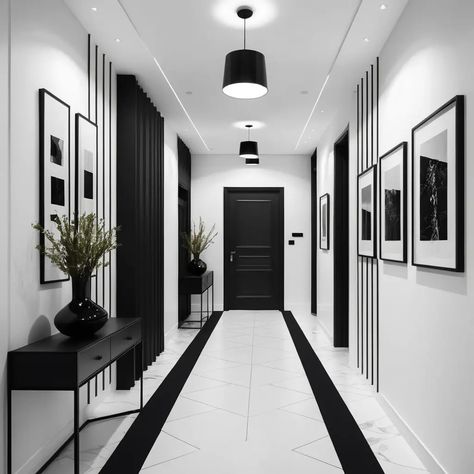 36 Modern Hallway Paneling Ideas to Elevate Your Home Black And White Foyer Entryway, White And Black Hallway, Black Hallway Furniture, Black Baseboards And Trim, Hallway Paneling, Modern Paneling, Long Narrow Hallway Ideas, Monochrome Hallway, Long Hallway Ideas