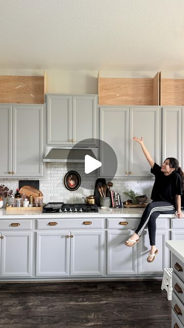 Fariha Nasir (Fa-ree-ha) on Instagram: "Extending my builder grade kitchen cabinets to the ceiling part 1 ✨ not all kitchens need cabinets all the way up to the ceiling but when all you have is a few feet left, it’s best to fill them up with cabinets and more trim 😍 I’ll share all the details in a blog post so you can follow along!  . Now the question is: should I attempt making my own cabinet doors or should I just order custom doors online? 👀 . . . . . . . . #kitchencabinets #diykitchen #kitchenrenovation #kitchenremodel" Kitchen Ideas Top Of Cabinets, Top To Bottom Kitchen Cabinets, Use Space Above Kitchen Cabinets, Moving Kitchen Cabinets To Ceiling, Kitchen Tile To Ceiling Above Cabinets, Kitchen Above Cabinet Storage, Panels Above Kitchen Cabinets, Fill In Above Kitchen Cabinets, Wrap Around Cabinets Kitchen Ideas