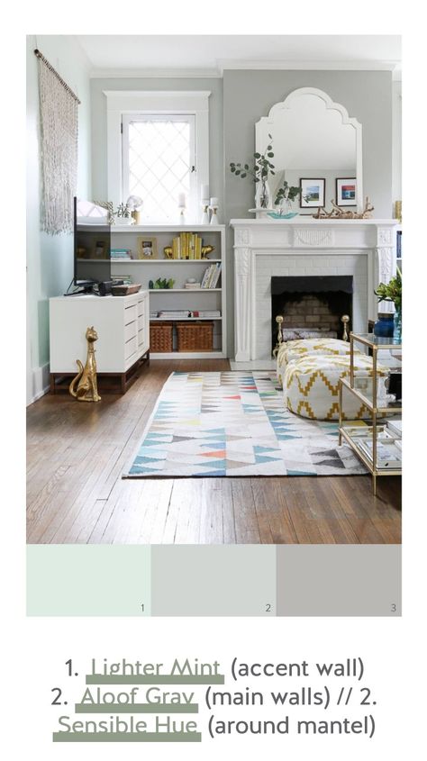 Sherwin-Williams: Lighter Mint (accent wall) Aloof Gray (main walls)  Sensible Hue (around mantel) Sensible Hue, Aloof Gray, Gray Sherwin Williams, Living Room Turquoise, Spring Living Room, Farmhouse Paint Colors, Neutral Paint Colors, Sherwin Williams Paint Colors, Neutral Paint