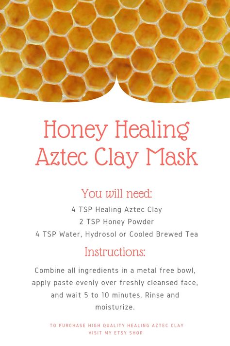 Honey increases cell regeneration in your skin, increasing its ability to heal quickly. Combined with Healing Aztec Clay, a mineral known for reducing acne scars, blemishes, and balancing skin tone, this DIY face mask is great for oily and acne prone skin. Visit my Etsy Shop to see what Clay Masks I offer and other natural products I formulate. Clay Mask Recipe, Aztec Clay Mask, Baking Soda Mask, Make Your Own Deodorant, Green Clay Mask, Aztec Clay, Local House, Honey Diy, Healing Clay