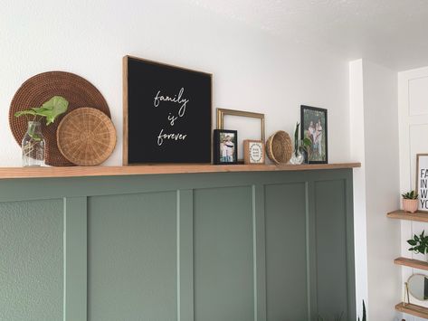 Board and batten accent wall topped with 2 x 4 shelf using kreg jig to be able to secure into studs. Basket decor. Green painted wall. Greenish gray by valspar VR105A. 2x4 Wall, Accent Wall Paint Colors, Board And Batten Accent Wall, Batten Accent Wall, Accent Wall Entryway, Ledge Decor, Laundy Room, Green Painted Walls, Sage Green Wall