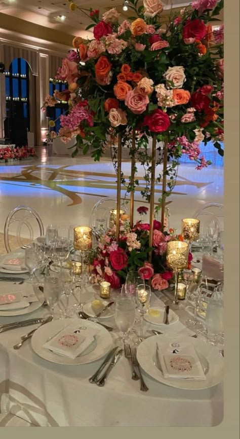 Chandelier With Flowers Wedding, Flower Centerpieces Quinceanera, Flower Garden Quinceanera Theme, Flowers Quinceanera Theme, Sunset Quinceanera Theme, Quinceanera Color Schemes Pink, Colorful Quinceanera Theme, Fushia Quinceanera Decorations, Magenta Centerpieces