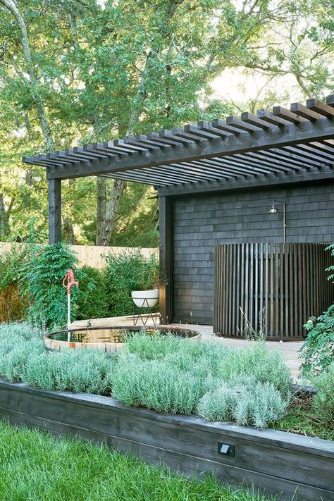 Fitness Interior, Cedar Walls, Outdoor Tub, Building A Pergola, Hampton House, Outdoor Bath, Hamptons House, Pergola Designs, Small Patio