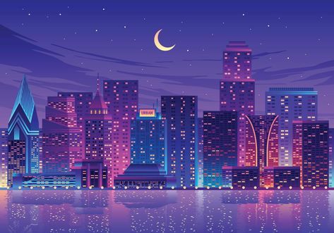 Night View Wallpaper City Lights, 2 Point Perspective City, Discord Background, Reflection Landscape, Ariana Grande Anime, Ocean Drawing, Background Painting, Ocean At Night, Night Illustration