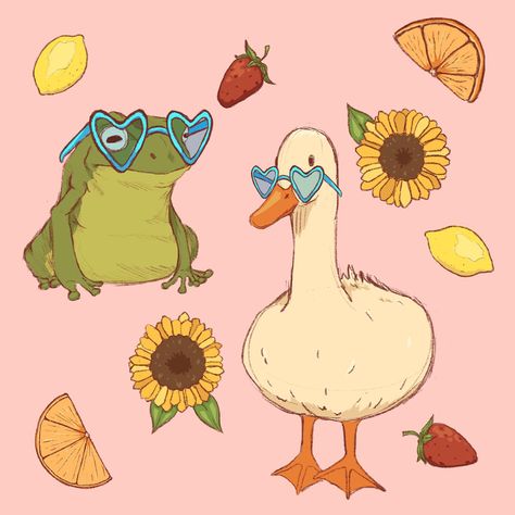 Cottage Core Digital Art, Cute Procreate Art, Duck Digital Art, Summer Vibe Drawings, Summer Animals Drawing, Cute Cottagecore Art, Cottagecore Digital Art, Duck And Frog Drawing, Cottagecore Frog Drawing