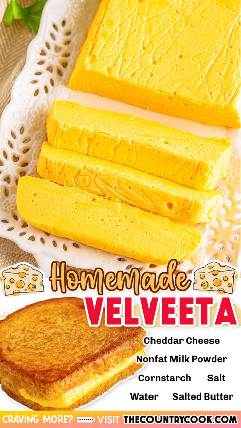 You only need 6 ingredients to make an easy block of this creamy, melty Homemade Velveeta. It looks and tastes just like store-bought, but better! Homemade Pepto Bismol, Homemade Velveeta Cheese, Homemade From Scratch Recipes, Sustainable Food Recipes, Homemade Alternatives, Homemade Cheeses, Homemade Velveeta, Homemade Staples, Velveeta Recipes