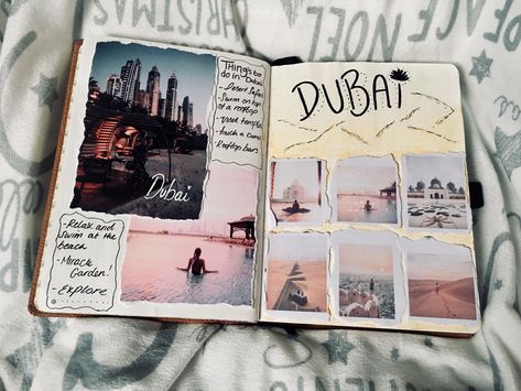 Dubai travel inspo page for bullet journal 2018 Dubai Travel Journal, Dubai Scrapbook Ideas, Dubai Journal, Travel Scrapbooking Ideas, Travel Journal Inspiration, Travel Memory Book, Snacks For Dogs, Travel Journal Pages, Diy Photo Book