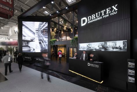 Drutex | BAU 2019  All the stands designed for Drutex are supposed to present their company as a strong business partner as well as highlight the exclusiveness and the high quality of their products. Incorporating black into the design makes the stand evoke the associations of luxury and superior quality so it is a perfect choice to bring out the best in products. Choosing the right lighting made it possible to showcase the products in their intended environments. Booth Design Exhibition, Stall Design, Exhibition Stall, Exhibit Design, Stall Designs, Exhibition Stand Design, Exhibition Booth Design, U 2, 1 April