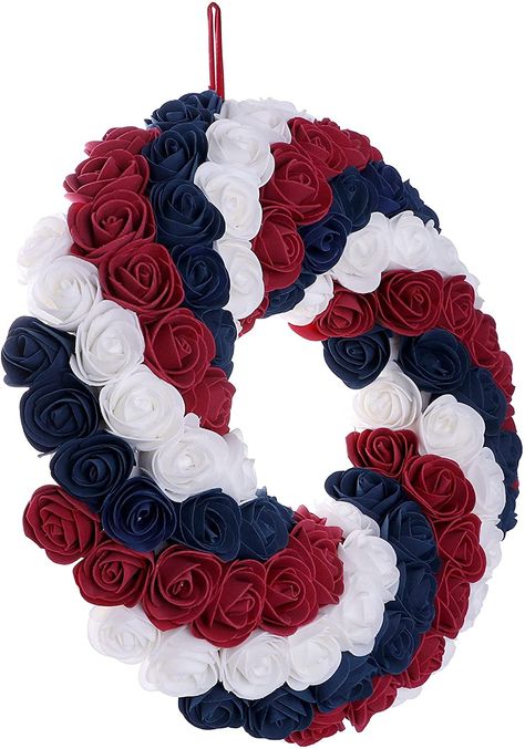 American Wreath, Fall Floral Decor, Memorial Day Wreaths, Americana Wreath, Independence Day Decoration, White And Blue Flowers, Fourth Of July Decor, Blue Wreath, Hanging Garland