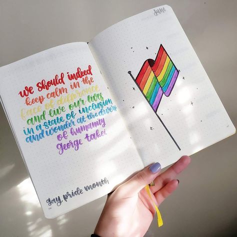 Bullet journal quote page, Pride spread, hand lettering, Pride flag drawing. | @bulletjournalamino Rainbow Bujo, Space Bujo, Bullet Journal Quote Page, 2024 Bujo, Journal June, May Bullet Journal, Flag Drawing, Bullet Journal Spreads, Bullet Journal Quotes