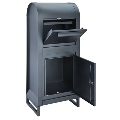 Homerun Smart & Safe Metal Ground Mount Lockable Mail and Parcel Box - 19.75-in W x 47.5-in H - Black 10102-S10-O1B | RONA Secure Mailbox Ideas, Parcel Drop Box Ideas, Brick Mailbox, Large Mailbox, Mailbox Ideas, Parcel Box, Summer Camp, Mailbox, Black Metal