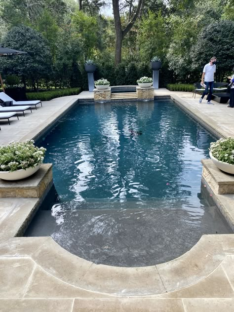 Circular Pool Design, Pool Sloped Backyard, Roman Pool Design, Kidney Shaped Pool Ideas, Curvy Pool, Pool With Sun Shelf, French Country Pool, Grecian Pool, Pool With Raised Spa