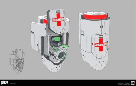 ArtStation - Doom 2016 Health Station , Bryan Flynn First Aid Station, Scifi Interior, Doom 2016, Future Technology Concept, Medical Tech, Sci Fi Props, Sci Fi Tech, Props Concept, Sci Fi Design