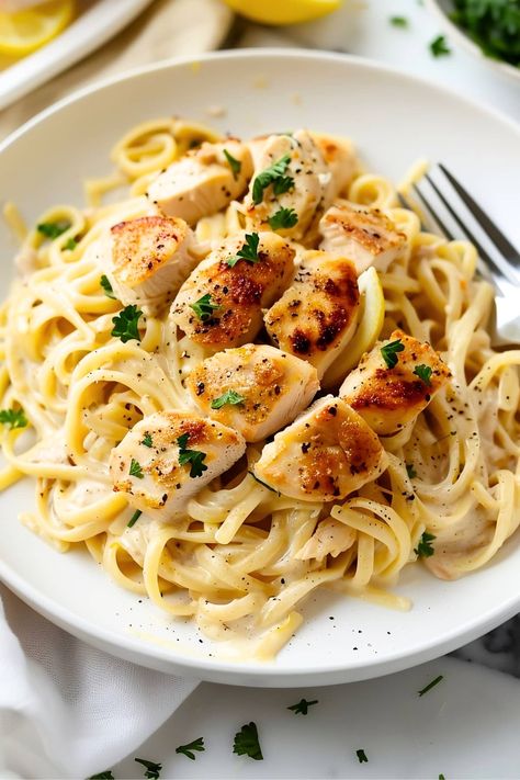 Get ready to fall in love with this lemon chicken pasta! The tender chicken combined with the creamy, cheesy sauce makes for a meal to remember. Lemon Pepper Chicken Pasta, Creamy Lemon Chicken Pasta, Creamy Chicken Pasta Recipes, Bruschetta Chicken Pasta, Lemon Chicken Pasta, Turkey Pasta, Creamy Lemon Chicken, Pasta Meals, Creamy Chicken Pasta