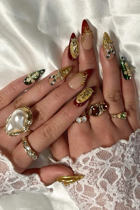 ⭐️ Ongles Bling Bling, Girly Acrylic Nails, Pretty Gel Nails, Red Nail, Nail Jewelry, Girls Nails, Dream Nails, Funky Nails, Pretty Acrylic Nails