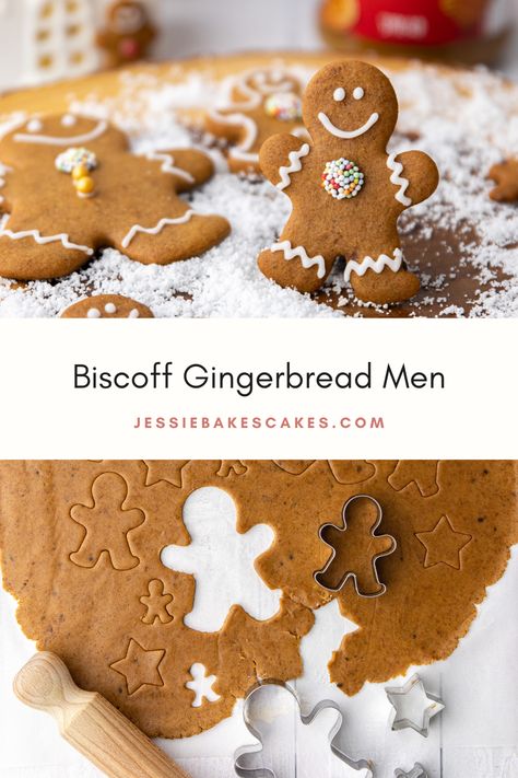 Biscoff Gingerbread House, Biscoff Gingerbread Cookies, Biscoff Spread Recipes Easy, Gingerbread Men Recipe, Biscoff Cookie Recipe, Gingerbread Man Recipe, Yule Log Recipe, Easy Christmas Cake Recipe, Gingerbread House Recipe