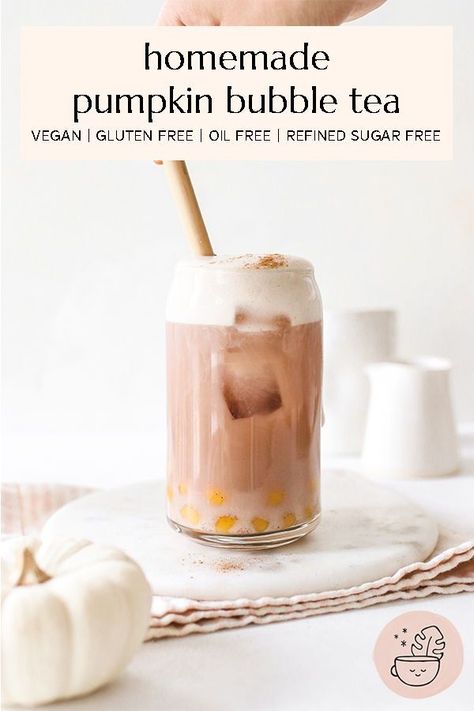 Vegan Drinks Healthy, Vegan Fall Dessert, Boba Recipe, Boba Tea Recipe, Dairy Free Coffee, Bubble Tea Recipe, Milk Tea Recipes, Vegan Pumpkin Recipes, Bubble Tea Shop