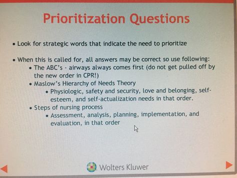 Prioritizing Questions Nclex Prioritization Tips, Nursing School Studying Cheat Sheets, Nurse Skills, Test Tips, Nclex Questions, Nclex Prep, Nursing School Essential, Nursing Study Guide, Nursing School Motivation