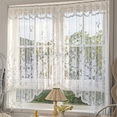 PRICES MAY VARY. PACK: Include 2 panels White Lace Valance, curtain rod is not included. FINISH TOP: Rod Pocket Top, suitable for all common telescopic curtain rods. DESIGN: Princess Style Floral Embroidery Sheer Lace Swag Curtain, gives you a relax feeling and elegant look, a best home decor for your room, suitable for Bedroom, Living Room, Dining Room and Studying room. EASY CARE: Machine washable . Low Iron, Dry Naturally. Please note it is not pure white as A4 paper. NOTE: It is better for y Vintage Bathroom Curtains, Simple Curtains Bedroom, Roman Curtains Bedroom, Shabby Chic Curtain Ideas, Short Bedroom Curtains, Shabby Chic Window Treatments, Farmhouse Updates, Lace Curtains Bedroom, Studying Room