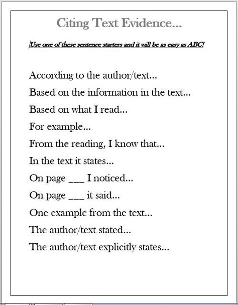 Students struggle with citing text evidence. These sentence starters should help to improve the quality of their written responses. Analysis Sentence Starters, Research Paper Sentence Starters, Summary Sentence Starters, Cer Sentence Starters, Conclusion Sentence Starters, Text Evidence Sentence Starters, Conclusion Sentence, Uni Hacks, Error Analysis Math