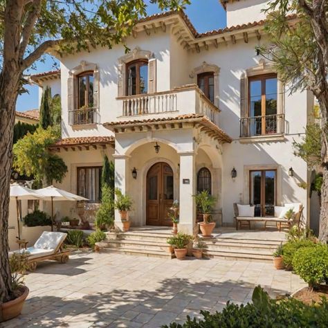 Mediterranean House with Pool and Garden - Design Ideas AI White Aesthetic House Exterior, Mediterranean Costal House, Spanish Style Homes Outside, Mediterranean Vacation Home, Small Mediterranean Homes Exterior, Mediterranean Style House Exterior, Mediterranean House Architecture, Italian Houses Aesthetic, Medditeranean Home Exterior