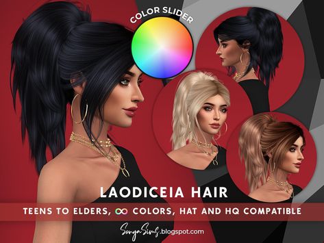 SonyaSimsCC's SonyaSims Laodiceia COLOR SLIDER RETEXTURE (PATREON) Rogue Hair, Hair Ts4, Diana Hair, Sea Hair, Cc Mods, Strawberry Hair, Rapunzel Hair, Sims Ideas, Tumblr Hair