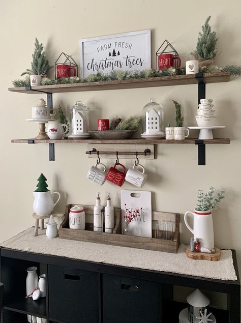 Winter Coffee Bar Decor, Christmas Kitchen Shelves, Kitchen Shelf Christmas Decor, Christmas Coffee Bar Decor, Coffee Bar Shelf Ideas, Farmhouse Shelves Decor, Dining Room Shelves, Floating Shelf Decor, Cozy Christmas Decor