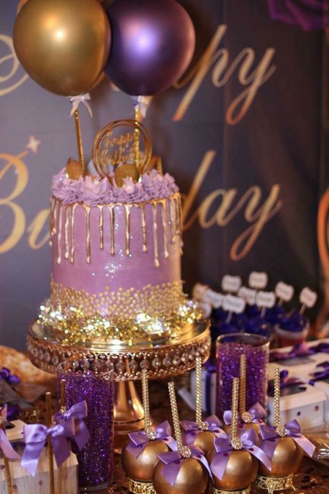 Purple And Gold Candy Table, 40 Shades Of Purple Party, Purple Sweet 16 Cakes, Purple And Gold Birthday Cake, Purple And Gold Sweet 16, Gold Party Food, Purple And Gold Cake, Bday Brunch, Purple Sweet 16