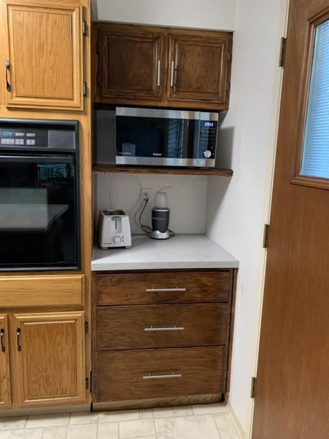 What's a good idea to fill the space left by removing the fridge in our kitchen without altering cabinets? Empty Fridge, Microwave Shelf, Garbage Recycling, Large Fridge, Kitchen Updates, Beverage Fridge, Butcher Block Counter, Popcorn Bowl, Popcorn Machine