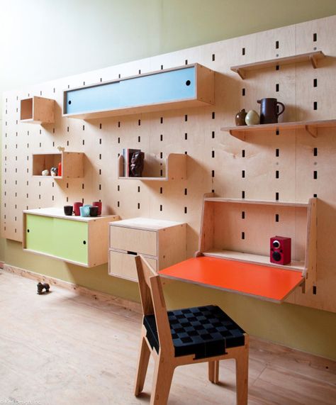 storage system for kids - kerf-wall Unfinished Basement Walls, Peg Board Walls, Plywood Storage, Shop Shelving, Plywood Projects, Cnc Furniture, Custom Shelving, Cute Furniture, Plywood Furniture