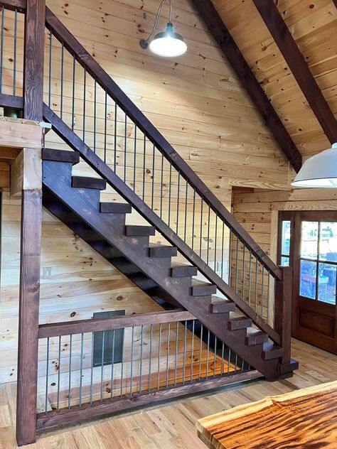 Stairs Under Stairs, Log Cabin Stairs, Rustic Railings For Stairs, Open Staircase Ideas, Staircases Ideas, Entryway Remodel, Small Stairs, Railing Makeover, Cabin Stairs