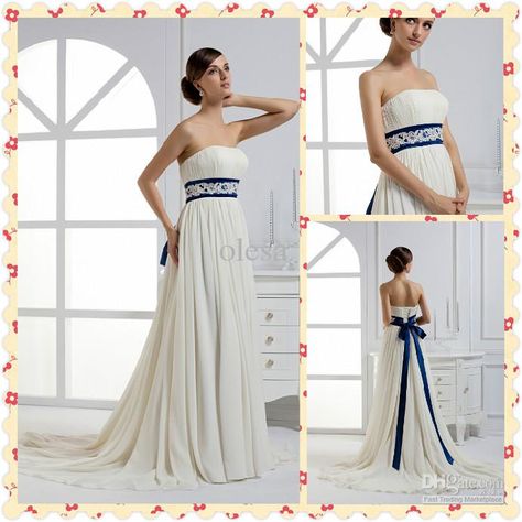 Wholesale Romantic~strapless ruffle blue ribbon sash bow chiffon white ivory A-line wedding dresses gowns, Free shipping, $95.2-112.0/Piece | DHgate Royal Blue And Ivory Wedding, Ivory And Blue Wedding, Wedding Dress Blue Sash, Blue And Ivory Wedding, Blue Wedding Dress Royal, Celtic Wedding Dress, Wedding Dress Blue, Blue Sash, Strapless Lace Wedding Dress