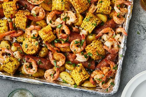 Sheet Pan Shrimp Boil — Southern Living Sheet Pan Shrimp Boil, Pan Shrimp Boil, Shrimp Boil Recipe, Sheet Pan Shrimp, Pan Shrimp, Breakfast Party Foods, Sheet Pan Suppers, Boiled Food, Shrimp Boil